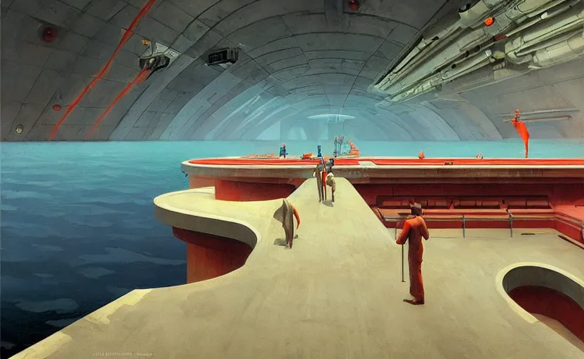 Image similar to Inside an underground submarine port, very coherent, painted by Edward Hopper, Wayne Barlowe, painted by James Gilleard, airbrush, art by JamesJean