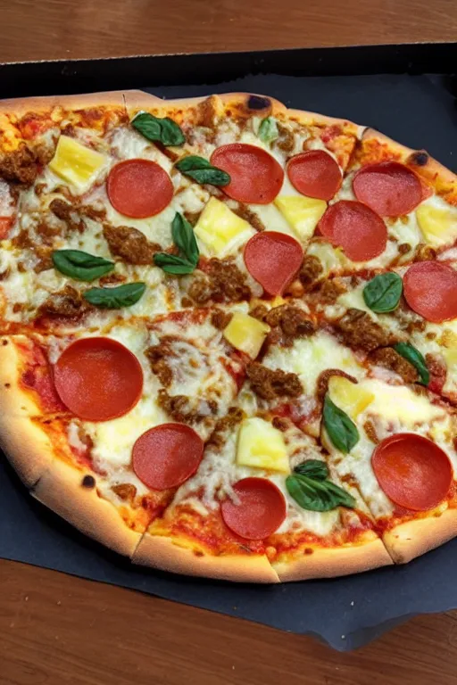 Prompt: pizza covering a pineapple