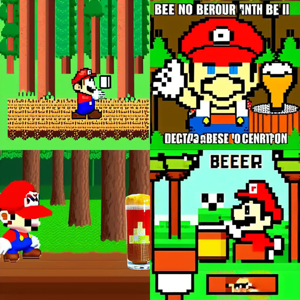 Image similar to beer, drunk mario drinks beer in forest with mushrooms and big fly agaric, 8 bit
