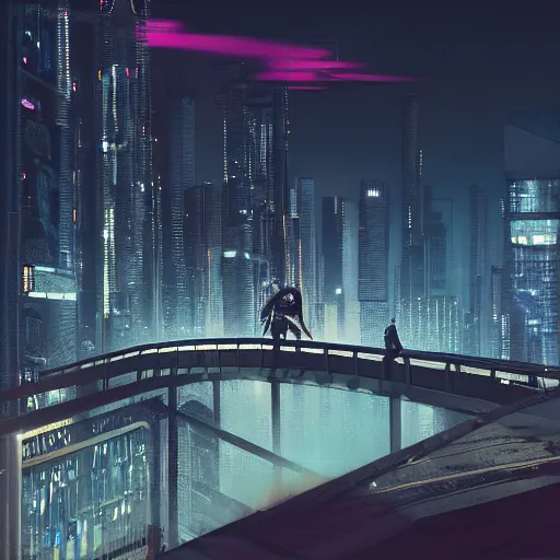 Image similar to a man standing on top of a bridge over a city, cyberpunk art by Vincent Lefevre, behance contest winner, altermodern, cityscape, synthwave, matte painting