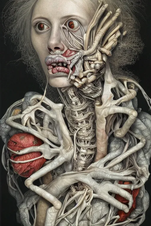 Image similar to Detailed maximalist portrait of a greek god with large lips and eyes, scared expression, botanical anatomy, skeletal with extra flesh, HD mixed media, 3D collage, highly detailed and intricate, surreal illustration in the style of Jenny Saville, dark art, baroque, centred in image