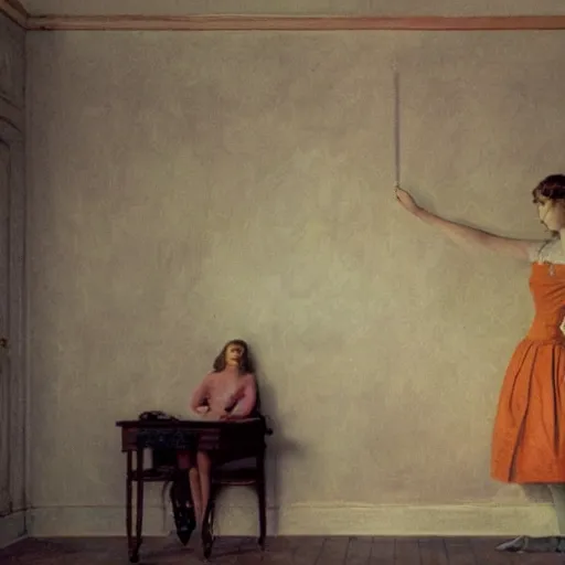 Image similar to a lonely girl in an haunted liminal abandoned room, film still by wes anderson, depicted by balthus, limited color palette, very intricate, art nouveau, highly detailed, lights by hopper, soft pastel colors