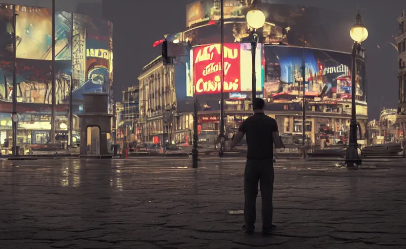 Prompt: a man standing in the middle of piccadilly circus at night, a photorealistic painting by Gregory Crewdson, cgsociety, american scene painting, playstation 5 screenshot, matte painting, cryengine