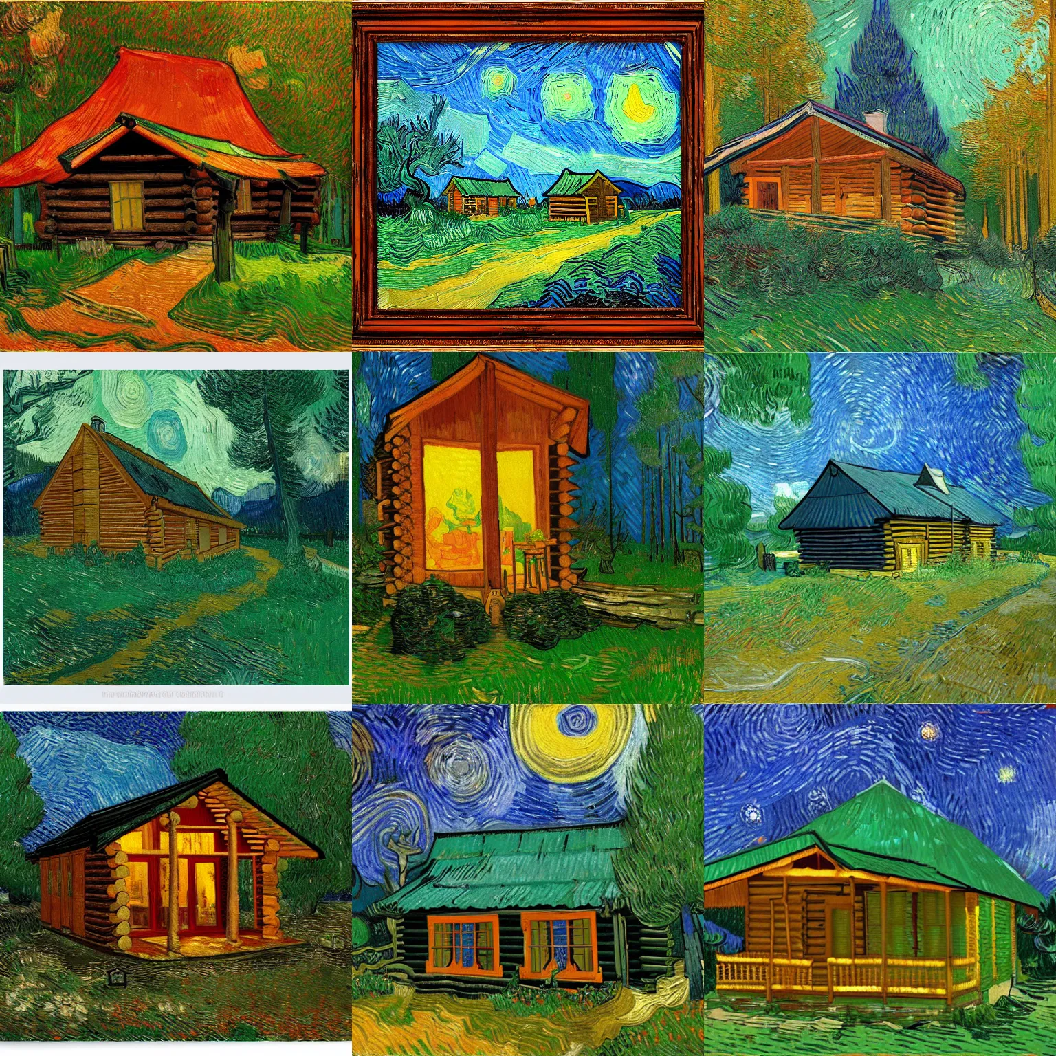 Prompt: [ a log cabin in the forest ] [ van gogh ] [ wlop ]