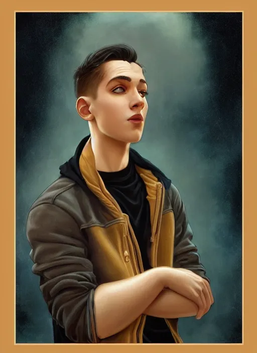 Prompt: handsome young man with short black hair, light blue eyes, detailed neighbourhood background, magical atmosphere, tarot card, glowing, golden hour, wearing jeans and a black hoodie, realistic painting by ross tran and gerald brom and alphonse mucha, trending on artstation