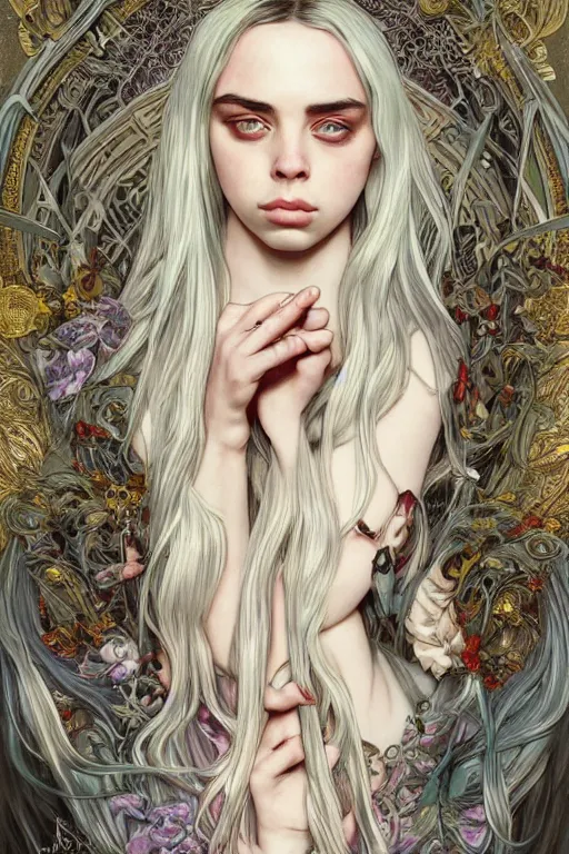 Image similar to Billie Eilish, fantasy, intricate, elegant, highly detailed, digital painting, 4k, HDR, concept art, smooth, sharp focus, illustration, art by artgerm and H R Giger and alphonse mucha