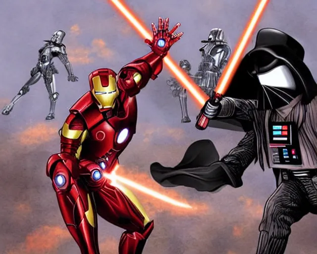 Image similar to a duel between iron man and darth vader