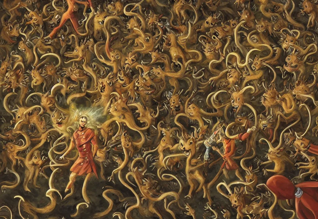 Image similar to a painting of the squirrel king fighting a vast horde of demons