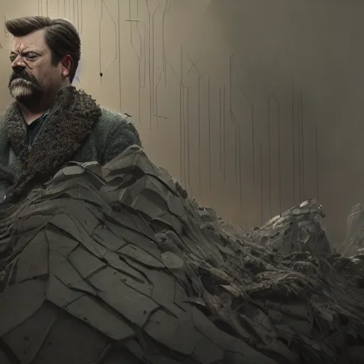 Image similar to Very very very very highly detailed epic central composition photo of Ron Swanson, intricate, dystopian, sci-fi, extremely detailed, digital painting, smooth, sharp focus, illustration, intimidating lighting, incredible art by Brooke Shaden, artstation, concept art, Octane render in Maya and Houdini