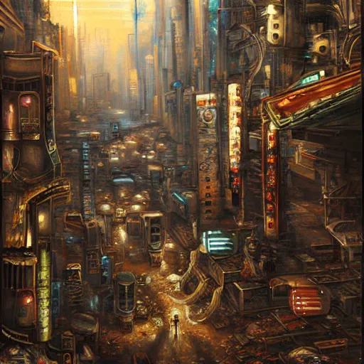 Prompt: beautiful detailed religious oil painting of robotic saints in an urban cyberpunk wasteland