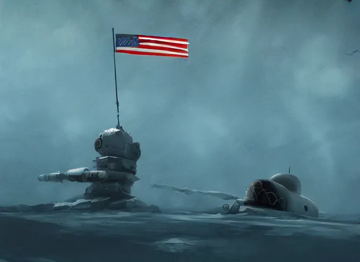 Image similar to astronaut holding a flag in an underwater desert. a submarine is visible in the distance. dark, concept art, cinematic, dramatic, atmospheric, 8 k, trending on artstation, blue, fish, low visibility, fog, ocean floor, christopher nolan, interstellar