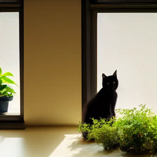 Image similar to peaceful dreamy painting of a content black cat sitting by a window, sunshine coming through the window, small plants on the window sill, 4k resolution, highly detailed