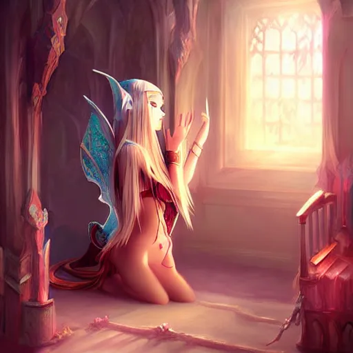 Image similar to fantasy art elven girl bedroom, by ross tran