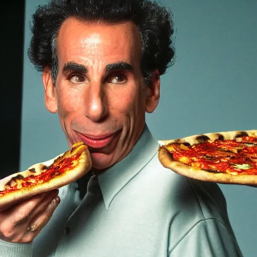 Prompt: Michael Richards from Seinfeld, eating a rat pizza