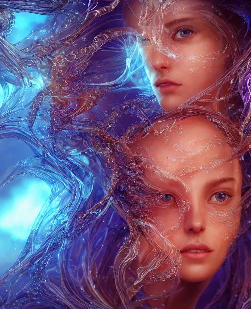 Image similar to close-up macro portrait of the face of a beautiful princess, epic angle and pose, symmetrical artwork, 3d with depth of field, blurred background, cybernetic jellyfish female face skull phoenix bird, translucent, nautilus, energy flows of water and fire. a highly detailed epic cinematic concept art CG render. made in Maya, Blender and Photoshop, octane render, excellent composition, cinematic dystopian brutalist atmosphere, dynamic dramatic cinematic lighting, aesthetic, very inspirational, arthouse. y Greg Rutkowski, Ilya Kuvshinov, WLOP, Stanley Artgerm Lau, Ruan Jia and Fenghua Zhong