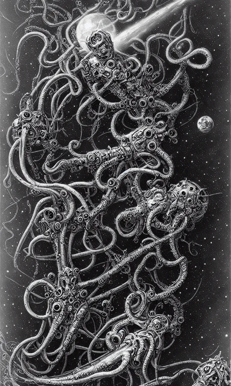 Image similar to 3D Lovecraftian and Astronaut pareidolia, cosmic horror concept, discovery concept, engineered by H.R. Giger, painter by gustave doré