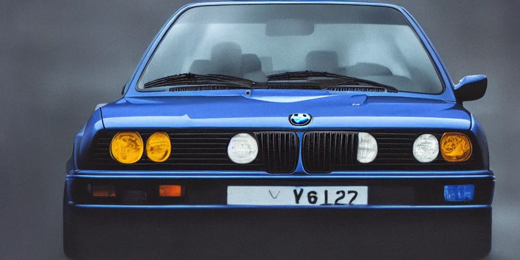 Prompt: bright dark blue BMW e30, hyper realism, depth of view 8k.