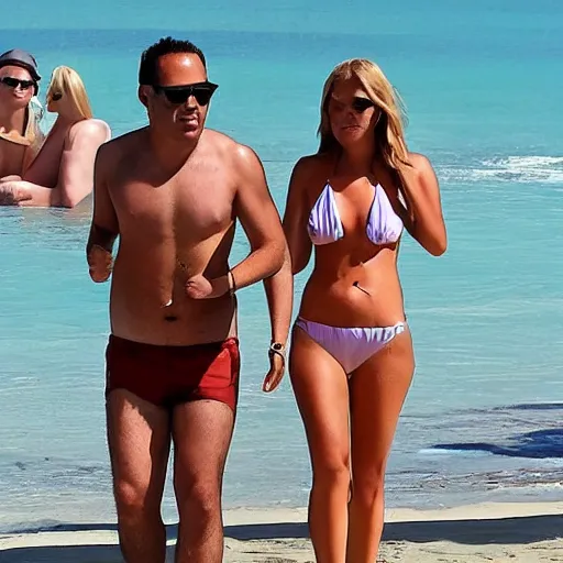 Image similar to photo of a 4 0 year old man that looks young for his age dating a very attractive 2 2 year old woman wearing a bikini. his wife is visibly upset in the background. lol
