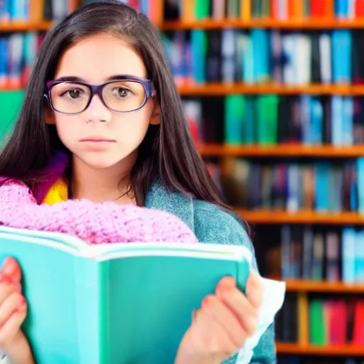 Image similar to teenager girl who is into reading and debates, she's very focused and studious and wears a scarf, full body, illustration, children's book, solid background