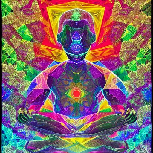 Image similar to A beautiful digital art of a man with a large head, sitting in what appears to be a meditative pose. His eyes are closed and he has a serene look on his face. His body is made up of colorful geometric shapes and patterns that twist and turn in different directions. It's almost as if he's sitting in the middle of a kaleidoscope! cool green by Frida Kahlo, by Chris Cunningham, by Octavio Ocampo