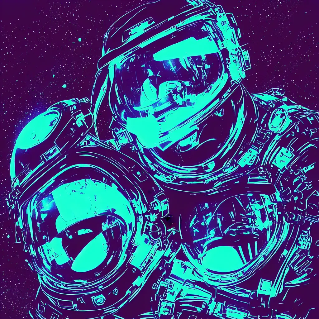 Prompt: astronaut sucked into blackhole, alien synthwave, glitchy, reflective, holographic, neon, trending on artstation