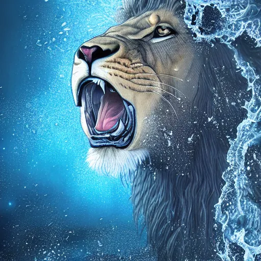 Image similar to a male lion's face breaching through a wall of water, headshot, water sprites, splashing, deep blue ocean, highly detailed, realistic digital art, trending on artstation