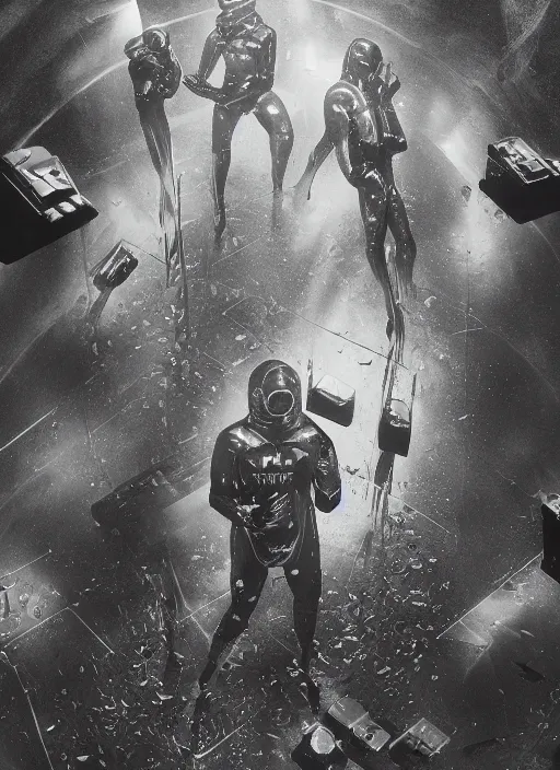 Image similar to astronauts in dark minimalists underwater - hyperdetailed suit. reflection and dispersion materials. rays and dispersion of light. volumetric light. 5 0 mm, f / 3 2. noise film photo. flash photography. ultra realistic, wide angle. poster by wayne barlowe, hajime sorayama aaron horkey, craig mullins. dark key.