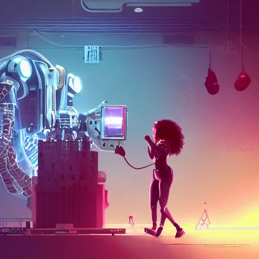 Image similar to a black girl fixing a robot, in the nature, mixing solarpunk, afropunk and cyberpunk technology and aesthetic ( ( ( ( volumetric light ) ) ) ), high angle, part by pearl fryar, part by prince damah, sunny day, trending on artstation, cinematic view, illustration, painting.