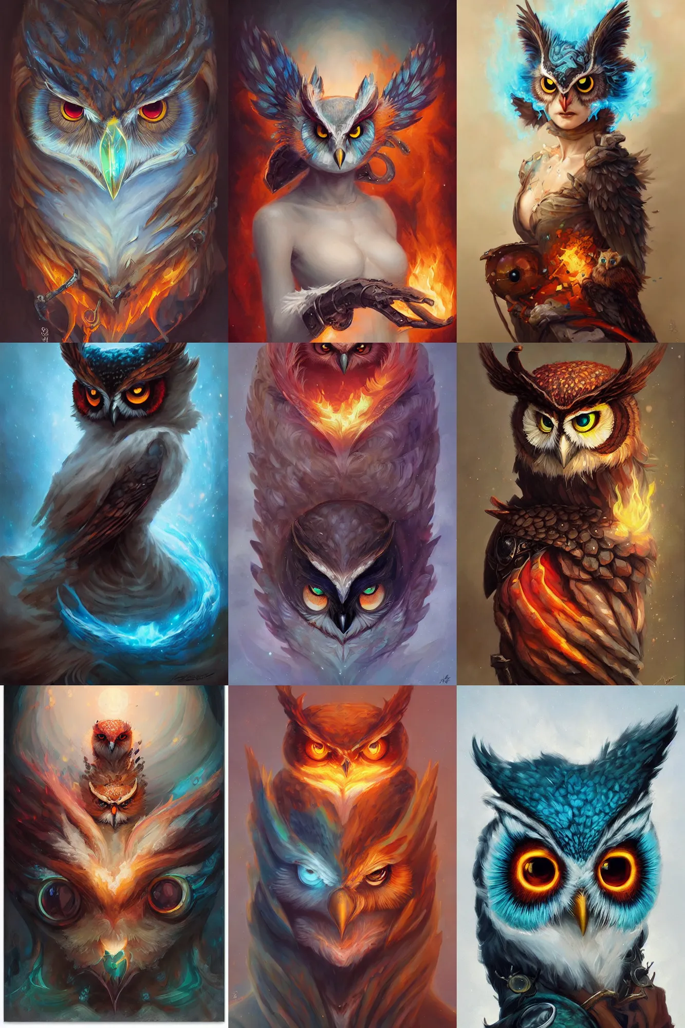 Prompt: fire and ice, owl portrait, wlop, peter mohrbacher, artgerm