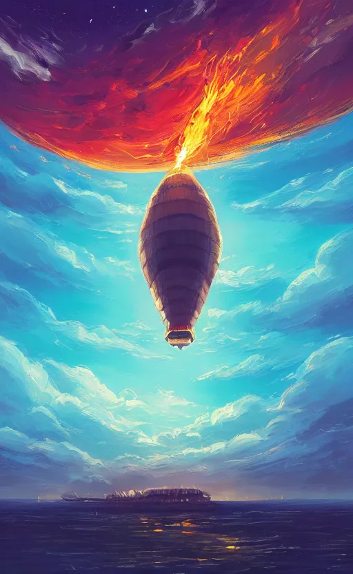 Image similar to a beautiful illustration of an airship burning in the sky at night, art of alena aenami, featured on artstation, vertical orientation, paint brush strokes, expressionism, brushstroke - laden, breathtaking clouds, birds, ocean, beautiful stars, long exposure, big moon radius, airy midnight theme, blue purple gradient, lens flare, flames and ember