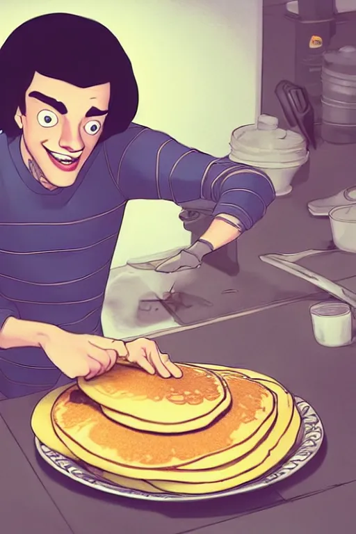 Image similar to pete davidson making pancakes, animation pixar style, by pendleton ward, magali villeneuve, artgerm, rob rey and kentaro miura style, golden ratio, trending on art station