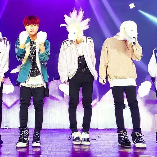 Prompt: KPOP boy band with bird heads performing on stage at a concert, realistic, historical, wide shot