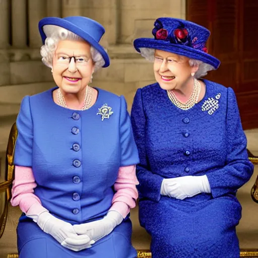 Image similar to A portrait photo of queen elizabeth teams up with a teenage queen elizabeth, perfect faces, 50 mm, award winning photography