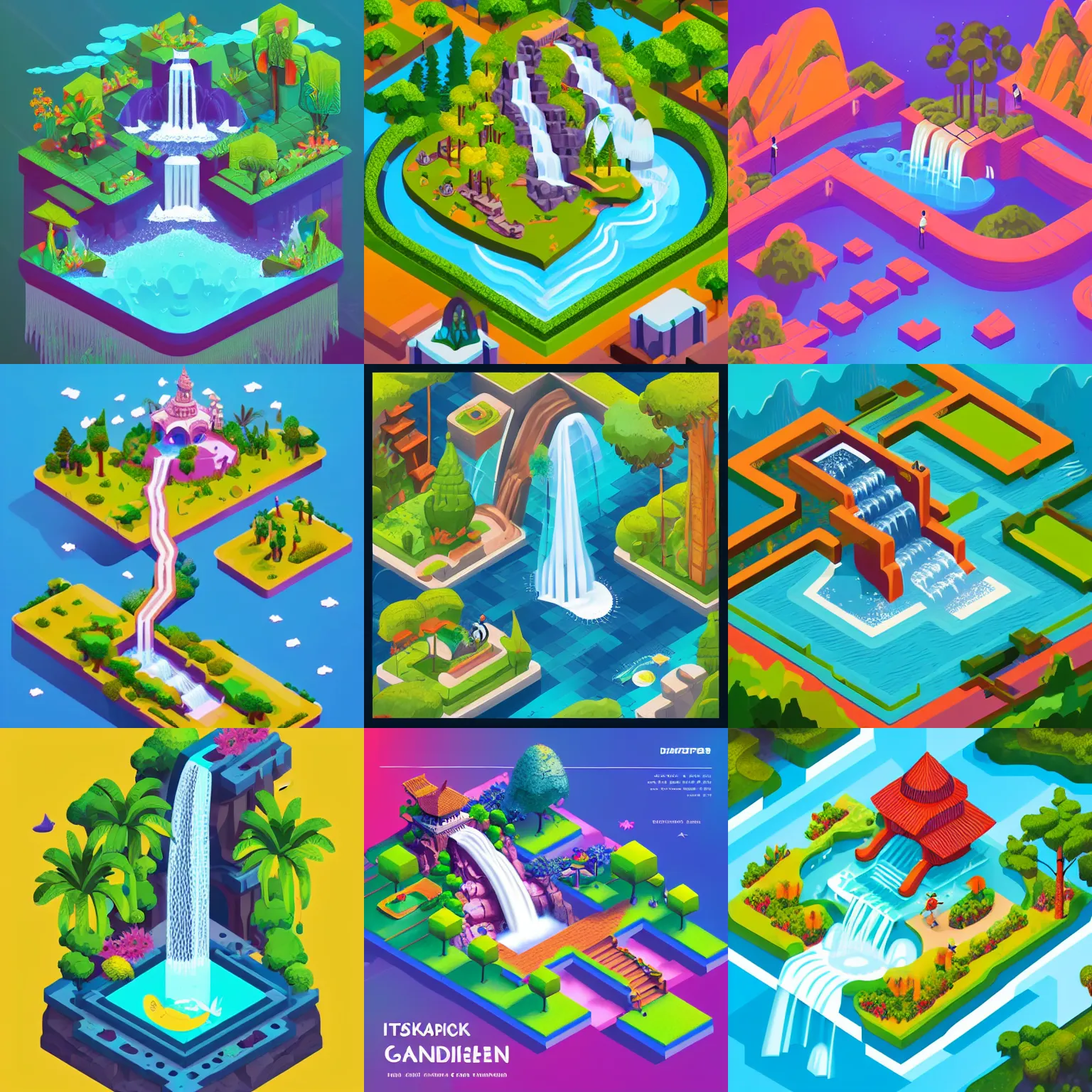 Prompt: isometric webdesign icon for paradise turkish garden with waterfall, by tooth wu, dan mumford, beeple, rossdraws, Artstation