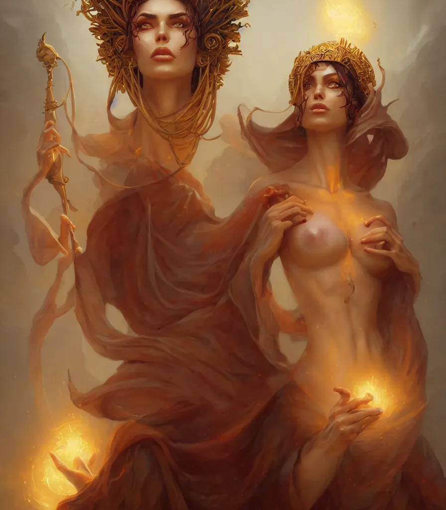Prompt: a portrait of beautiful woman, full medium shot, front close - up, head on, abreast, dressed in long rags, godess, ethereal, ornates of gold, evil, artistically realistic, octane render, fine art, intrincate. by peter mohrbacher & marc simonetti