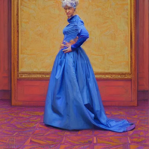 Image similar to portrait of a queen, dressed in blue and pink, by donato giancola.