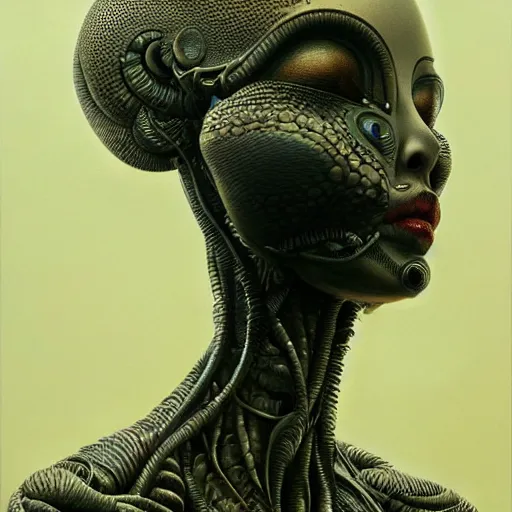 Image similar to ultra realist intricate detailed painting of an attractive alien female and alien male, full body, curvy, black scales, very intricate details, focus, artstyle Beksiński and Hiraku Tanaka, award winning