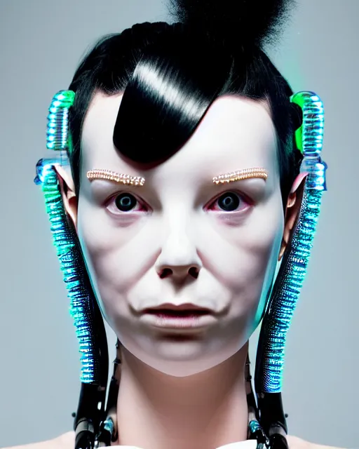 Image similar to symmetrical portrait of a biomechanical cyborg wearing a silicone swarovski studded iridescent beauty mask and neon hair buns, wearing a black bodysuit by alexander mcqueen, cream white background, soft diffused light, biotechnology, humanoid robot, bjork aesthetic, translucent, by rineke dijkstra, intricate details, highly detailed, masterpiece,