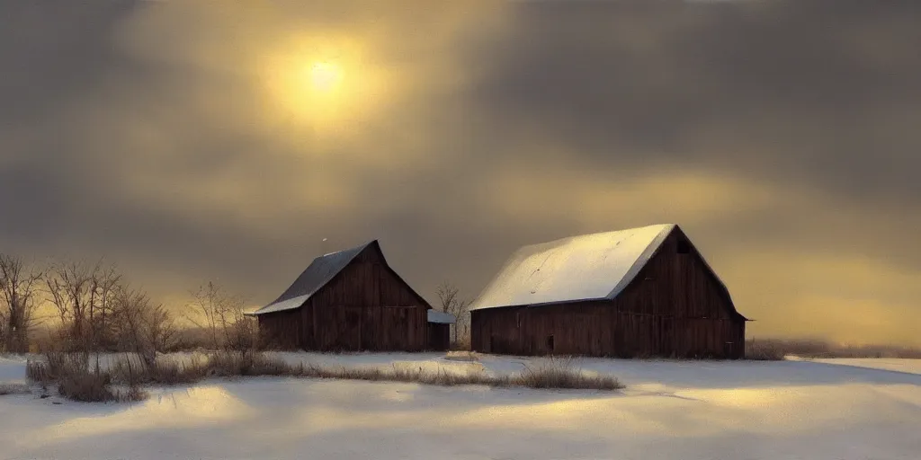 Image similar to a barn in the morning sun, ominous sky, winter, snow, countryside, peter sculthorpe, painting, artstation