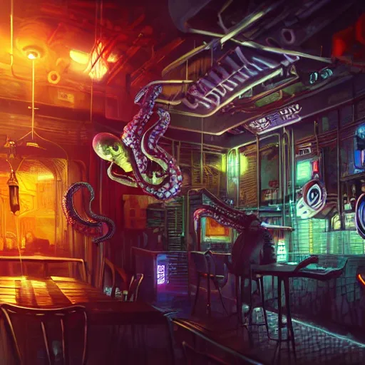 Image similar to a high quality portrait of octopus Davy Jones in a cyberpunk cyberpunk cyberpunk cafe, realism, 8k, award winning photo