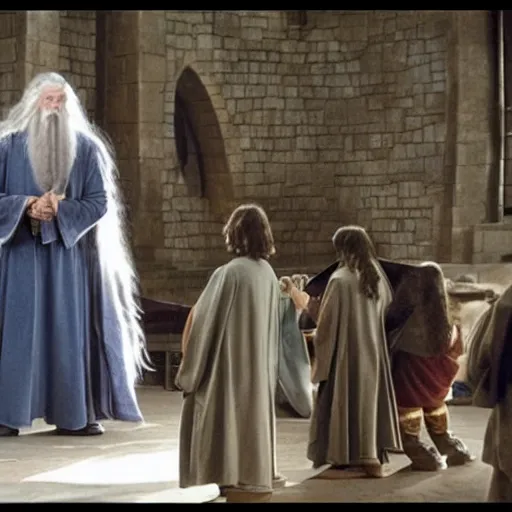 Prompt: Gandalf as Defense against the Dark Arts teacher in Hogwarts