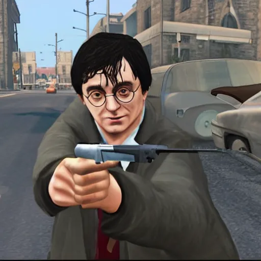 Image similar to harry potter robbing a bank, holding rifle in style of gta v grand theft auto