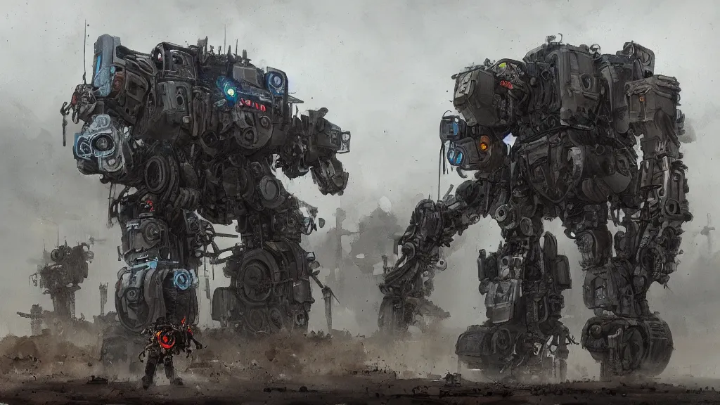 Image similar to overview of diesel punk mech, watercolored, jakub rozalski, dark colours, dieselpunk, artstation