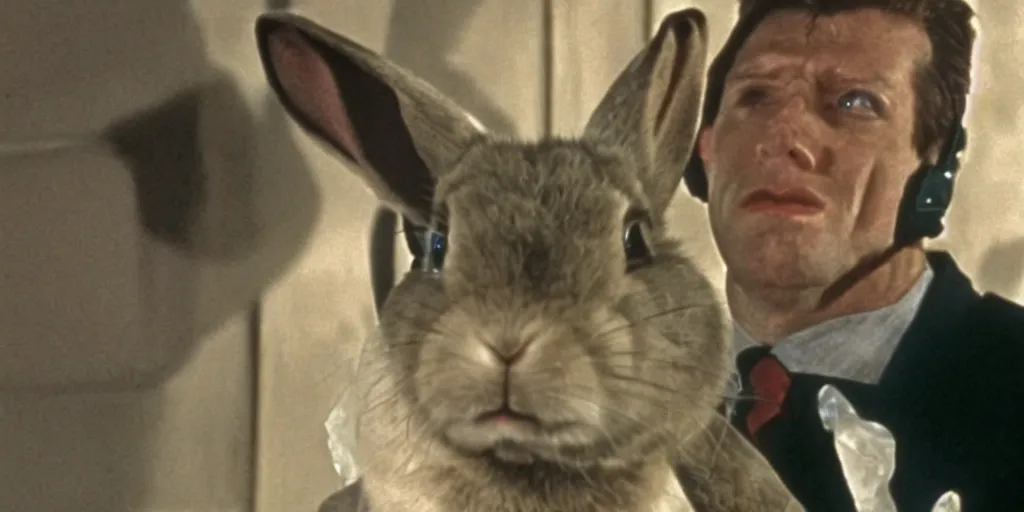 Prompt: a rabbit in the movie goldeneye, screenshot