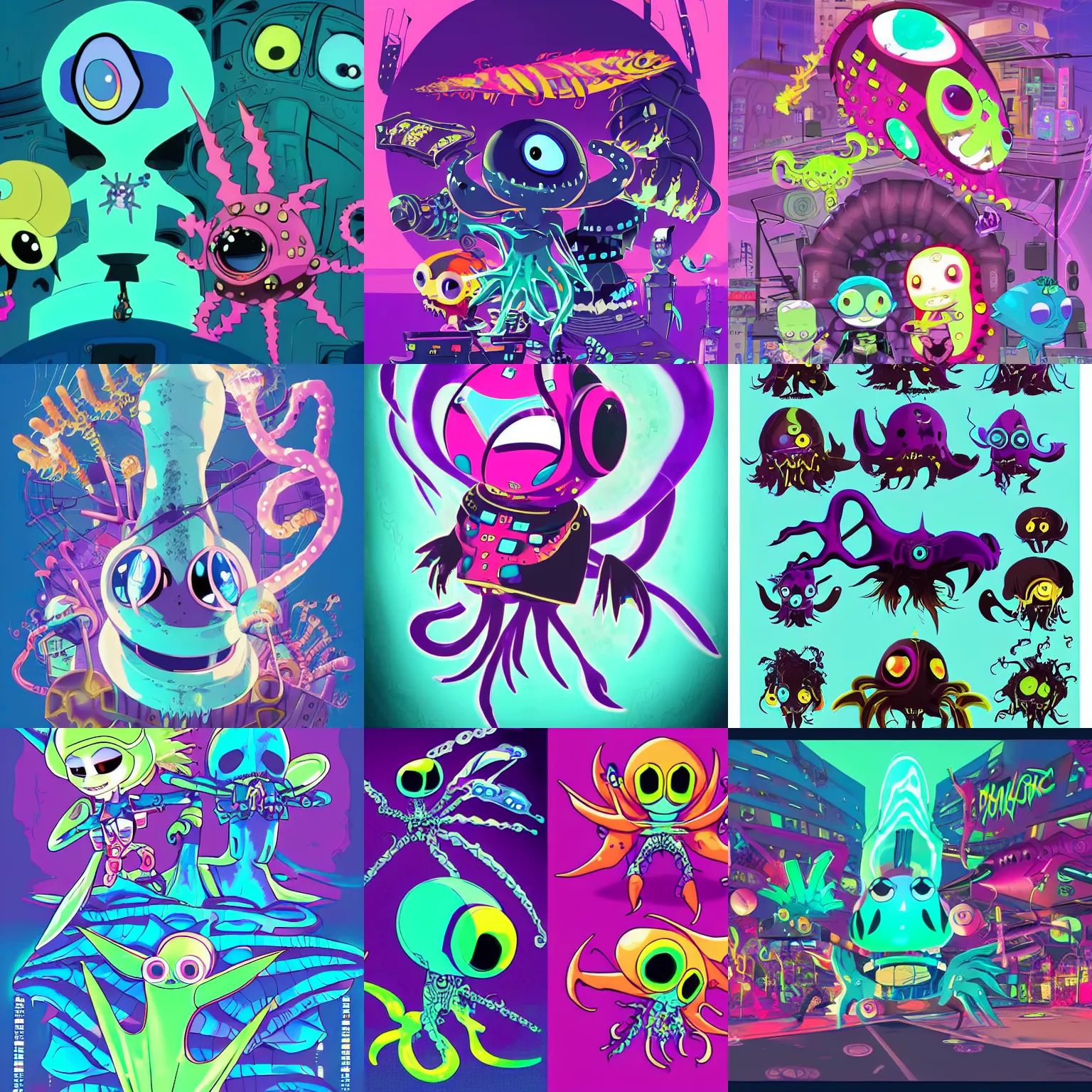 Prompt: psychic cyberpunk vaporwave punk rocker vampiric electrifying rockstar vampire squid, angler fish, gulper eel, and sea urchins conceptual character designs of various shapes and sizes by genndy tartakovsky and splatoon by nintendo and the psychonauts franchise by doublefine tim shafer artists for the new hotel transylvania film