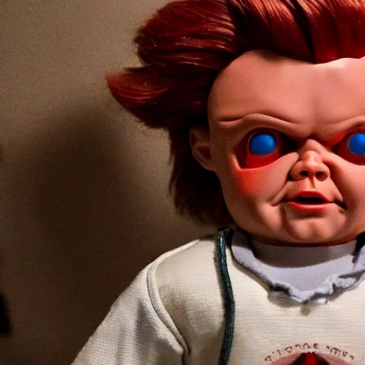 Image similar to Stranger Things episode featuring Chucky the killer doll from the movie Child's Play