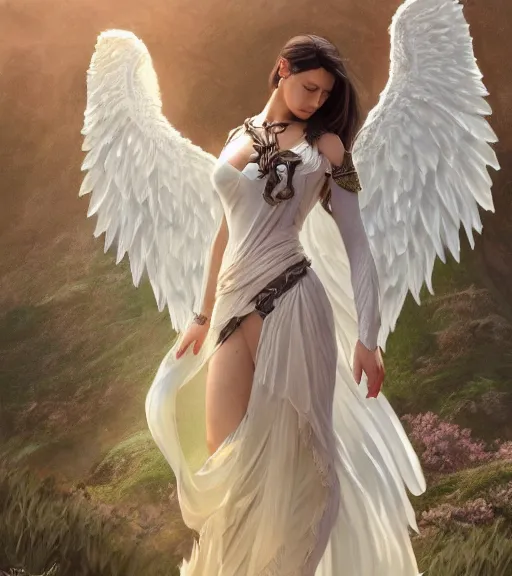 Image similar to angel, full dress, full body portrait, gentle, female, ruins landscape, d & d, fantasy, intricate, elegant, highly detailed, digital painting, white gold color palette, artstation, octane render, concept art, matte, sharp focus, illustration, hearthstone, art by artgerm and greg rutkowski and alphonse mucha