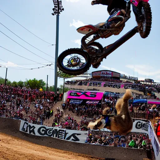 Prompt: a kitten on a dirt-bike jumping over a bus at xgames, photography