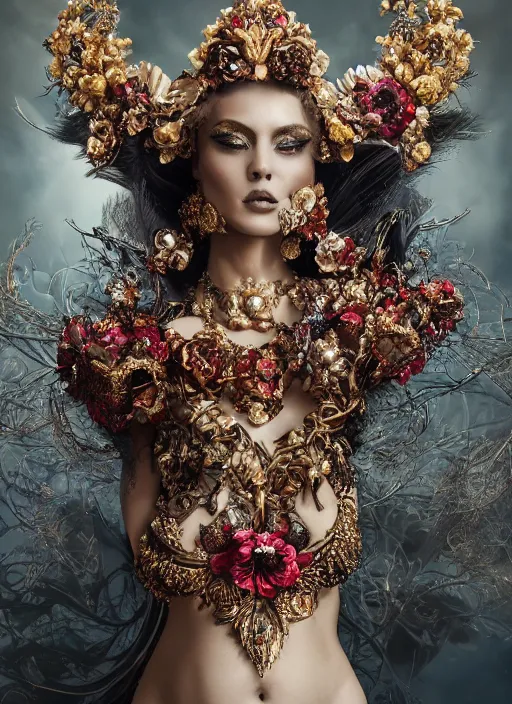 Image similar to expressive full body photo of a female model, ornate headpiece made from flowers, ornaments, glamour shot, by karol bak, by stefan gesell, photorealistic, canon r 3, fashion photography, hyper maximalist, elegant, ornate, luxury, elite, environmental portrait, symmetrical features, octane render, unreal engine, solid dark grey background, dramatic lights