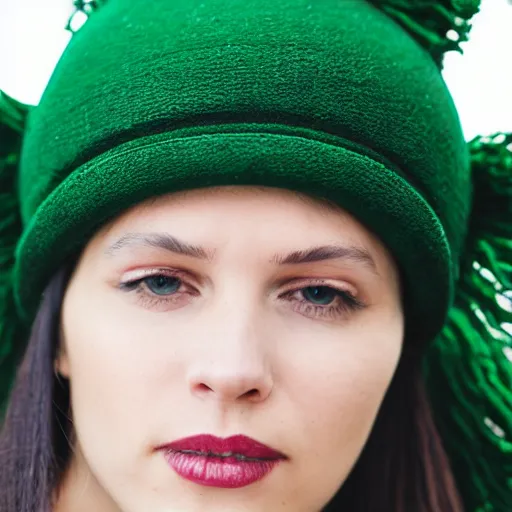 Prompt: photo of a hat with a green wild hairdo
